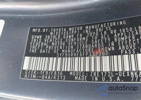 2015 Toyota Corolla Le Plus z USA, uszkodzony, nr VIN 5YFBURHE6FP337207